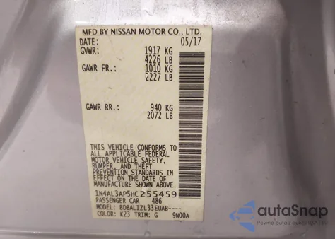 2017 Nissan Altima 2.5 from USA, damaged, VIN 1N4AL3AP5HC255459